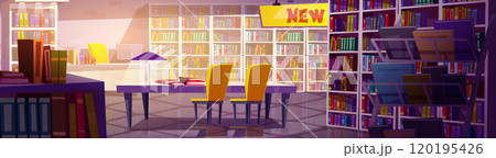 Bookstore or library interior with books on racks 120195426