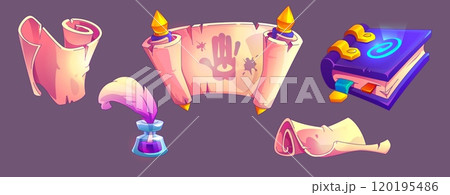 Parchment scrolls and ancient spell book set 120195486