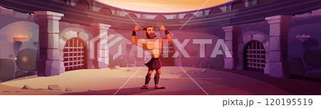Gladiator demonstrating muscles on ancient arena Gladiator demonstrating muscles on ancient arena 120195519