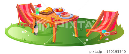 Picnic setup with food on table and lounge chairs Picnic setup with food on table and lounge chairs 120195540
