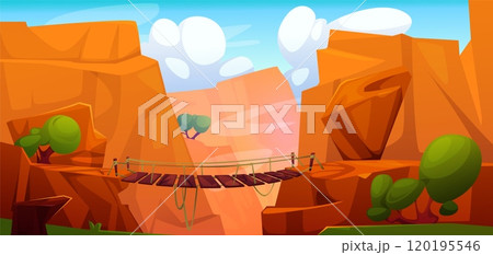 Wooden bridge on mountain cliff edges over chasm 120195546