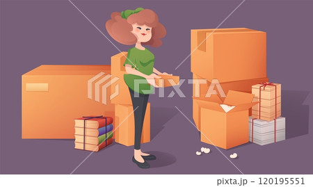 Woman with home stuff in box. Move storage icon Woman with home stuff in box. Move storage icon 120195551