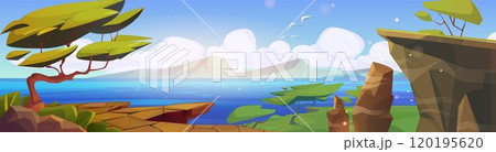 Summer sunny landscape with lake and mountains 120195620