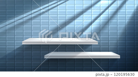 White shelf on blue tile wall with shadow. White shelf on blue tile wall with shadow. 120195630