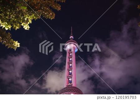 The Oriental Pearl Tower stands illuminated against a cloudy night sky in Shanghai, China, with tree leaves framing the scene in the foreground. 120195703