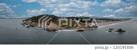 Panoramic aerial view of San Francisco's coastline featuring the Golden Gate Bridge, Lands End cliffs, Sutro Baths ruins, and Ocean Beach under an overcast sky. Panoramic aerial view of San Francisco's coastline featuring the Golden Gate Bridge, Lands End cliffs, Sutro Baths ruins, and Ocean Beach under an overcast sky. 120195886