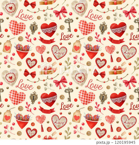 Romantic mood seamless pattern. Watercolor illustration Hand drawn vintage style hearts, romantic elements on light background. Perfect for love themed designs, gift packaging, wrapping paper print. 120195945