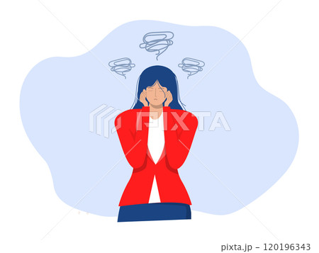 Stressful at work. Office syndrome.Business woman with strong headache, tired and exhausted girl holding head. chronic fatigue and nervous tension, flat vector 120196343
