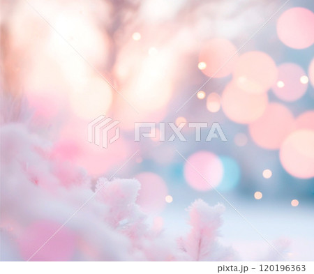Winter light on background with blurred bokeh in background on snowy pink morning, created by artificial intelligence. Generated AI. 120196363