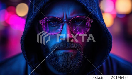 The striking figure of a man wearing a hood and stylish round glasses stands out against a vividly 120196455