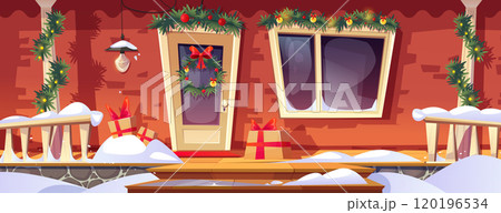 House facade with porch decorated for Christmas 120196534