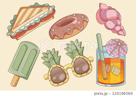 Summer beach picnic food and accessories set 120196569