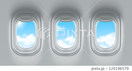 Plane windows with blue sky view Plane windows with blue sky view 120196579