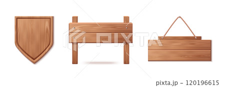 Sign boards with wood texture. Realistic 3d vector 120196615