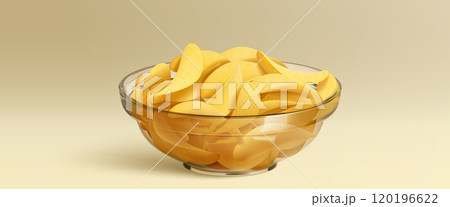 Pile of crisp potato chips in glass bowl. 120196622