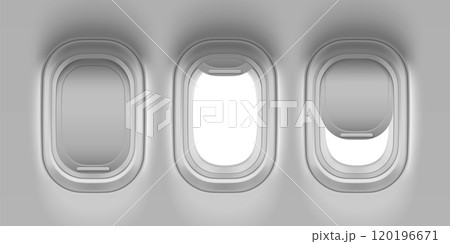 Closed, open and ajar plane window from inside. 120196671