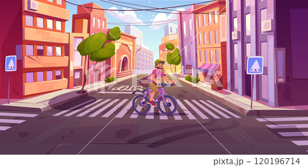 Young man ride bicycle and cross road in city. 120196714