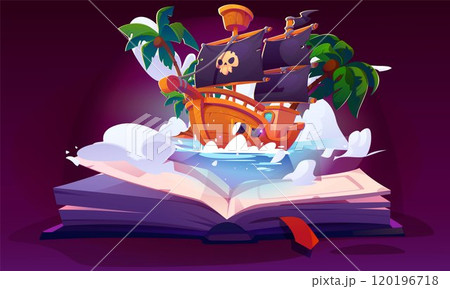Open magic paper book with pirate ship Open magic paper book with pirate ship 120196718