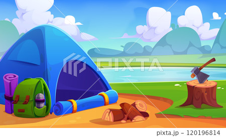 Lakeside tourist camp against summer landscape Lakeside tourist camp against summer landscape 120196814