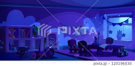 Dark empty kindergarten interior at night. Dark empty kindergarten interior at night. 120196830