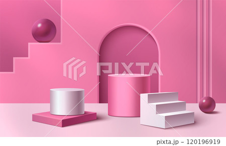Pink pastel studio room with product podium 120196919