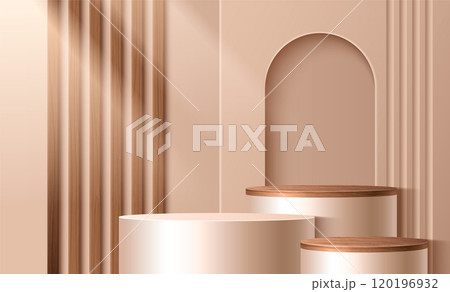 3d wood podium. Brown product display background 120196932