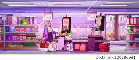 Woman in supermarket with self checkout kiosk 120196941