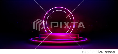 3d pink neon light podium bg. Glow game platform 120196956