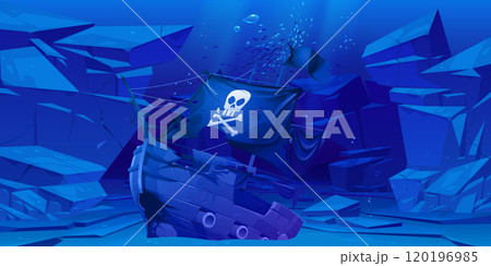 Wrecked pirate ship on rocky sea bottom 120196985