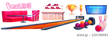 Bowling club interior elements cartoon vector set 120196991