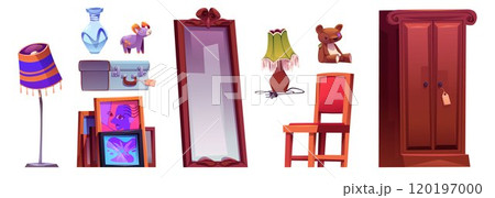 Antique shop goods set on white background Antique shop goods set on white background 120197000