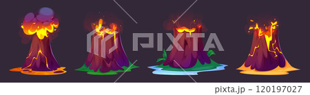 Volcano eruption with flowing lava and smoke cloud 120197027