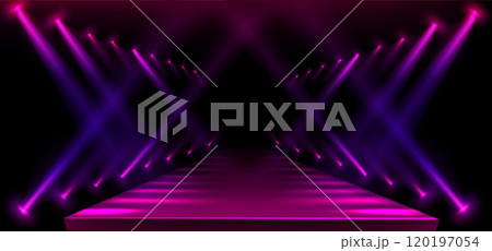 Fashion show runway with neon purple lights 120197054