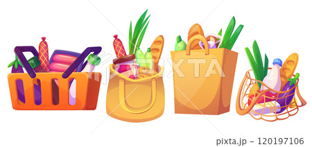 Supermarket grocery bag and food cart cartoon 120197106