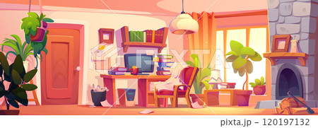 Mess in student's room with fireplace Mess in student's room with fireplace 120197132