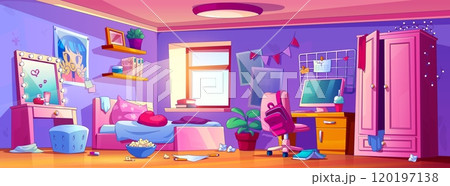 Messy teen girl bedroom interior Messy teen girl bedroom interior 120197138