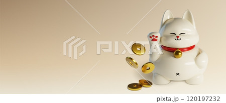 Traditional oriental lucky cat with golden coins 120197232