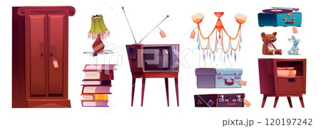 Antique store goods with price tags. 120197242