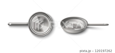 Grey clear new steel frying pan top and side view. 120197262