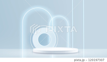 3d neon blue arch and white product podium vector 3d neon blue arch and white product podium vector 120197307