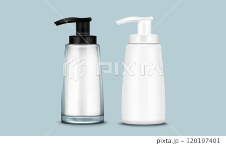 Mockup of cosmetic bottle with pump cap. Mockup of cosmetic bottle with pump cap. 120197401