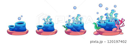 Seaweed and coral with bubble on sand island 120197402