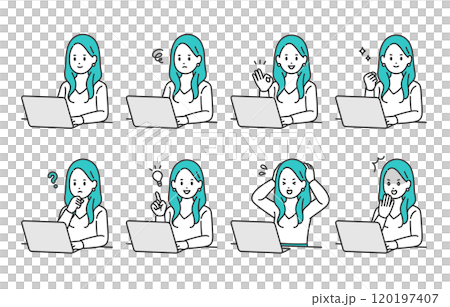 A set of young women with various expressions and poses while looking at a computer [People vector illustration material] 120197407