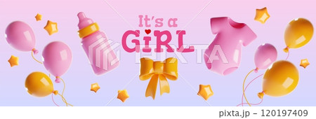 3d pink baby girl shower background. Cute balloon 120197409