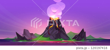 Sunset or sunrise landscape with volcano erupt 120197418