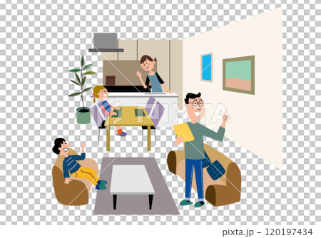 Family of four in the living room Family of four in the living room 120197434