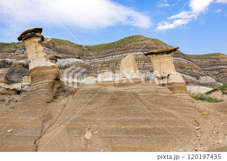 Sandstone hoodoos created by erosion in scenic badlands in summer. 120197435