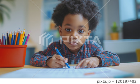 Young child attentively working on his school assignment at home. 120197482
