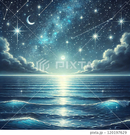 星空と銀色の月が輝く夜の海 120197629