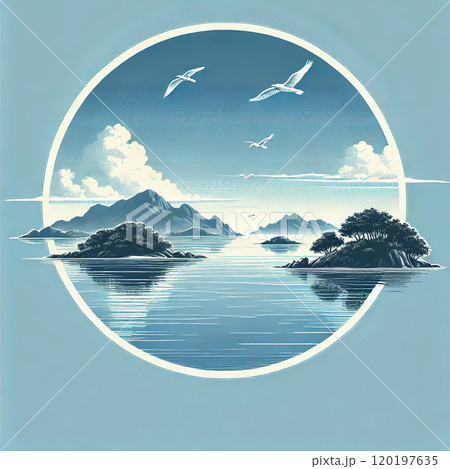 小島と鳥たちが彩る静かな海景色 120197635